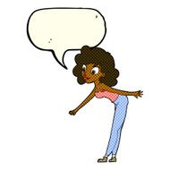 cartoon woman reaching to pick something up with speech bubble N6