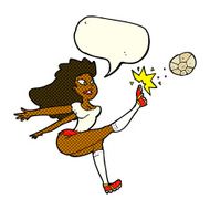 cartoon female soccer player kicking ball with speech bubble N6