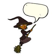 cartoon witch riding broomstick with speech bubble N12