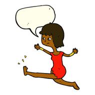 cartoon happy woman kicking with speech bubble N6