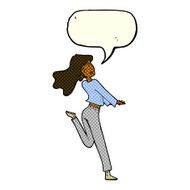 cartoon happy girl kicking out leg with speech bubble N5
