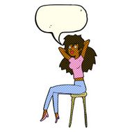 cartoon woman posing on stool with speech bubble N6