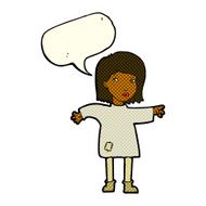 cartoon woman in patched clothing with speech bubble N6