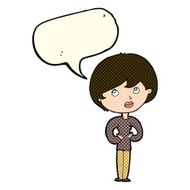 cartoon woman making Who Me? gesture with speech bubble N27