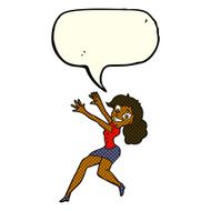 cartoon happy woman jumping with speech bubble N6