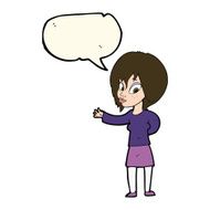 cartoon woman making welcome gesture with speech bubble N7