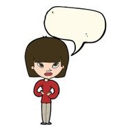 cartoon woman gesturing at herself with speech bubble N7