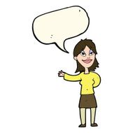 cartoon woman gesturing to show something with speech bubble N13