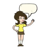 cartoon pretty woman waving for attention with speech bubble N7