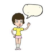 cartoon pretty girl waving with speech bubble N19