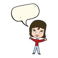 cartoon happy woman waving arms with speech bubble N7