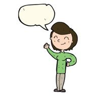 cartoon friendly waving woman with speech bubble N7