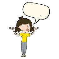 cartoon woman throwing arms in air with speech bubble N7