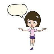 cartoon woman making balancing gesture with speech bubble N7