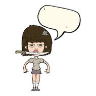 cartoon woman with knife between teeth speech bubble N23