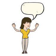 cartoon woman throwing hands in air with speech bubble N7