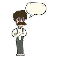 cartoon hipster man with mustache and spectacles speech bub N7