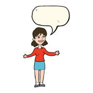 cartoon happy woman shrugging shoulders with speech bubble N13