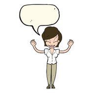 cartoon pretty woman with hands in air speech bubble N7