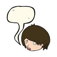 cartoon female face with raised eyebrow speech bubble N7