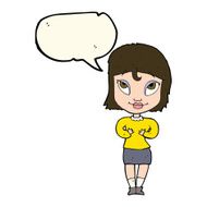 cartoon woman gesturing at self with speech bubble N19