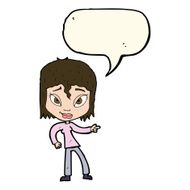 cartoon relaxed woman pointing with speech bubble N7