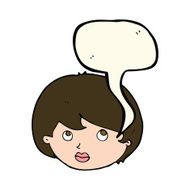 cartoon female face looking upwards with speech bubble N7