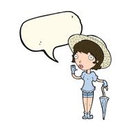 cartoon woman in summer hat waving with speech bubble N7