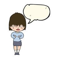 cartoon woman making Who Me? gesture with speech bubble N28