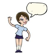 cartoon girl waving with speech bubble N19