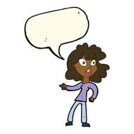 cartoon worried woman pointing with speech bubble N7