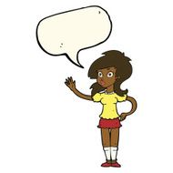 cartoon pretty woman waving for attention with speech bubble N8
