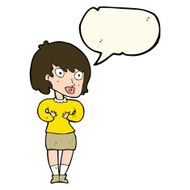 cartoon woman making Who Me? gesture with speech bubble N30