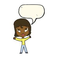 cartoon happy woman waving arms with speech bubble N8