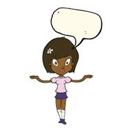 cartoon woman making balancing gesture with speech bubble N8