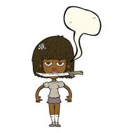 cartoon woman with knife between teeth speech bubble N24
