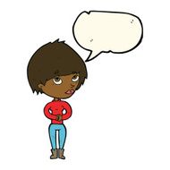 cartoon woman considering with speech bubble N8