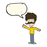 cartoon waving mustache man with speech bubble N7