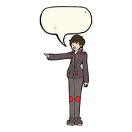 cartoon woman in leather jacket pointing with speech bubble N7