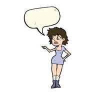 cartoon worried woman in dress pointing with speech bubble N7