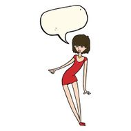cartoon woman in dress leaning with speech bubble N7