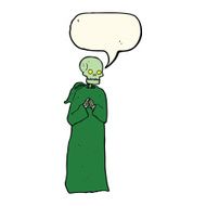 cartoon skeleton in black robe with speech bubble N4