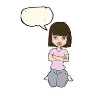 cartoon woman kneeling with speech bubble N7