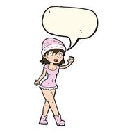 cartoon pretty girl in hat waving with speech bubble N7