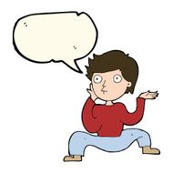cartoon boy doing crazy dance with speech bubble N5
