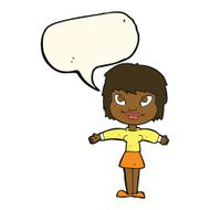 cartoon woman with open amrs speech bubble N8