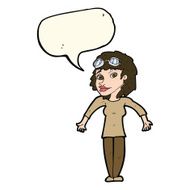 cartoon woman wearing goggles with speech bubble N7