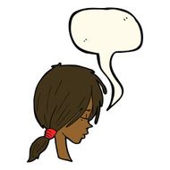 cartoon girl looking thoughtful with speech bubble N8
