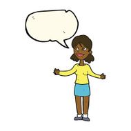 cartoon happy woman shrugging shoulders with speech bubble N14