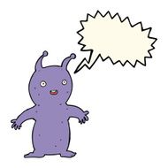 cartoon happy little alien with speech bubble N7